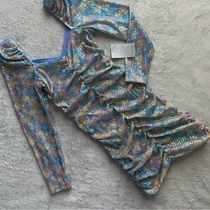 NWT Saylor Lawren Floral Sequin Ruched Puff Sleeve Pastel Rainbow Mini Dress XS